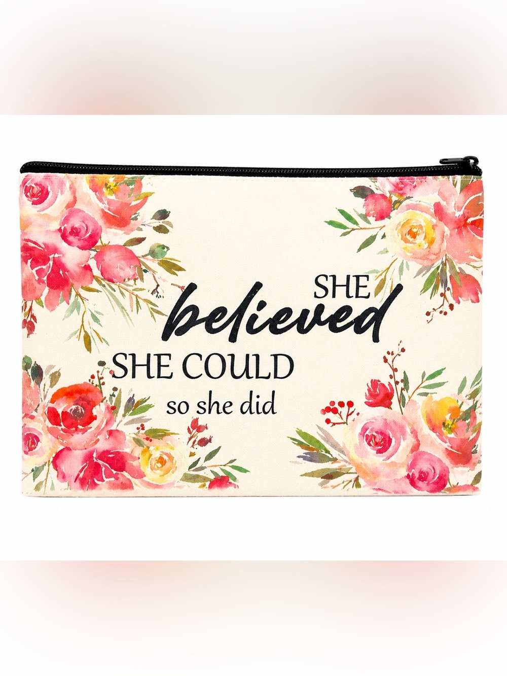 Floral Canvas Zipper Pouch - Cream with Pink Floral Print
